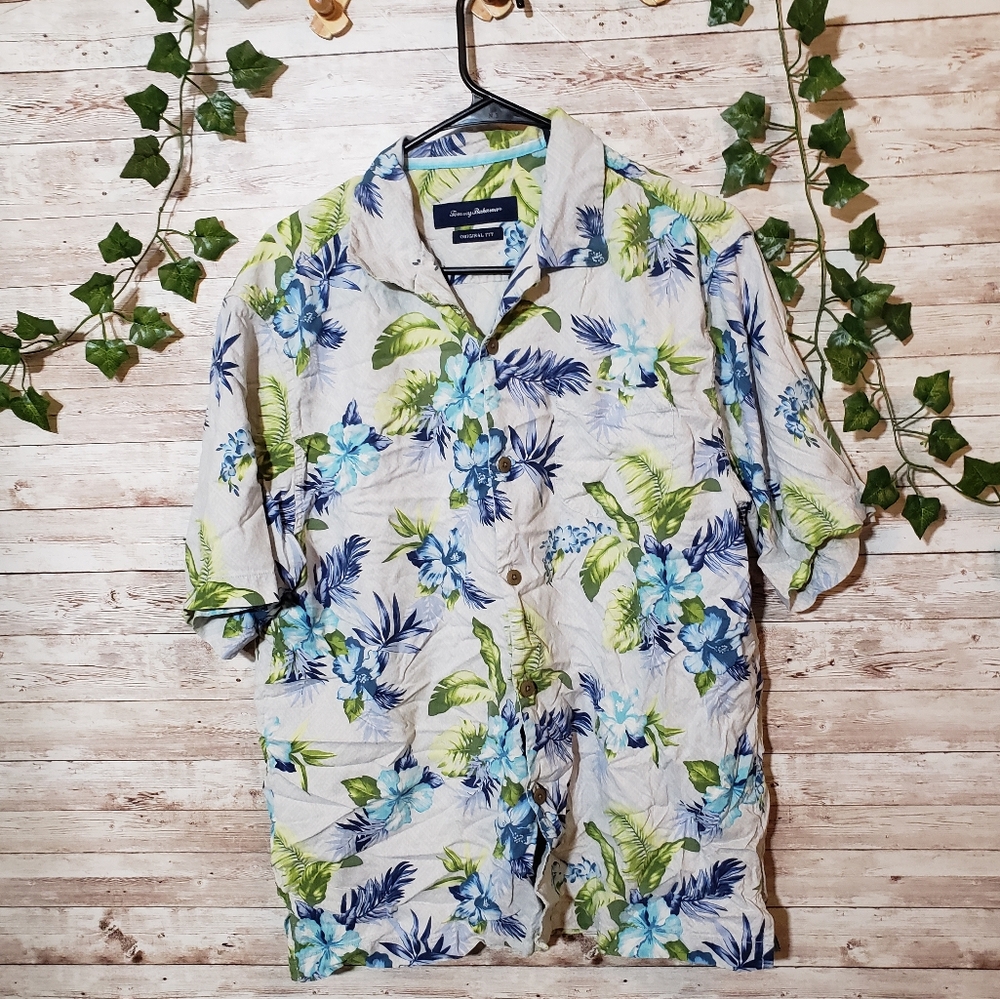 Tommy Bahama Silk Tropical Print Button Up Shirt Short Sleeve TB White Blue